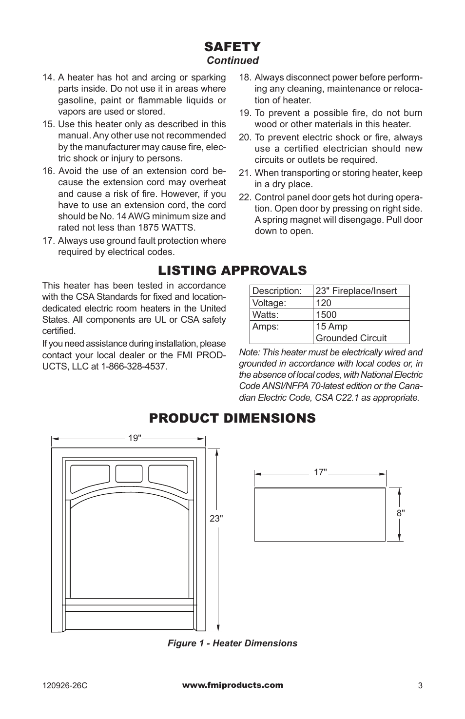 Safety, Product dimensions, Listing approvals | FMI CGEF23B User Manual | Page 3 / 16