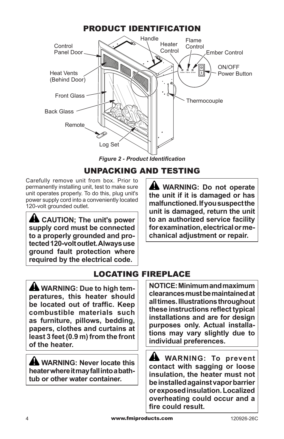Unpacking and testing locating fireplace, Product identification | FMI CGEF23B User Manual | Page 4 / 16