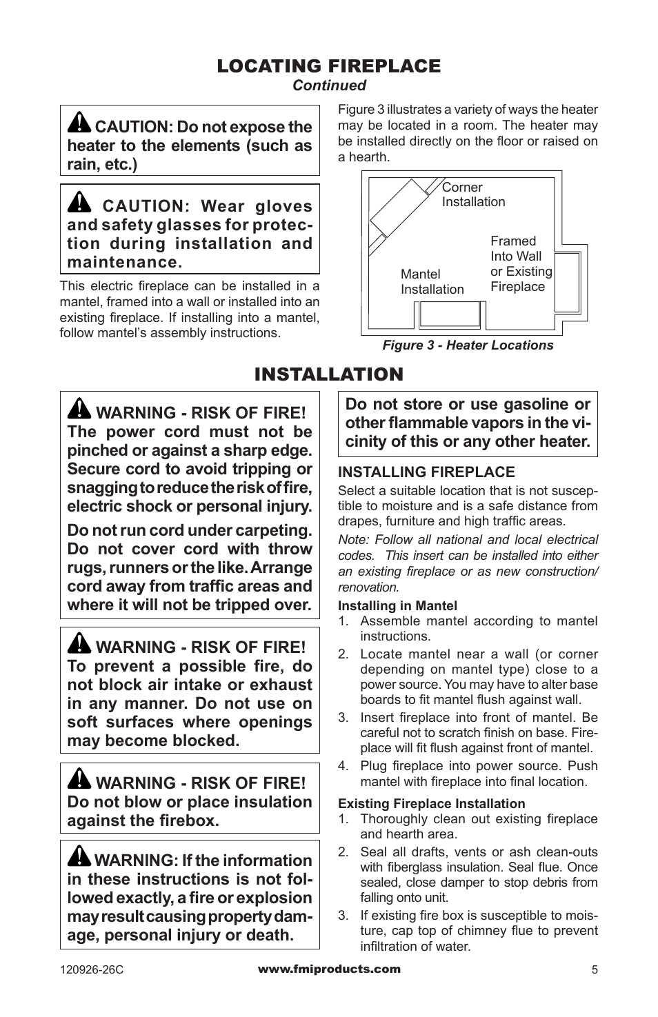Locating fireplace, Installation | FMI CGEF23B User Manual | Page 5 / 16