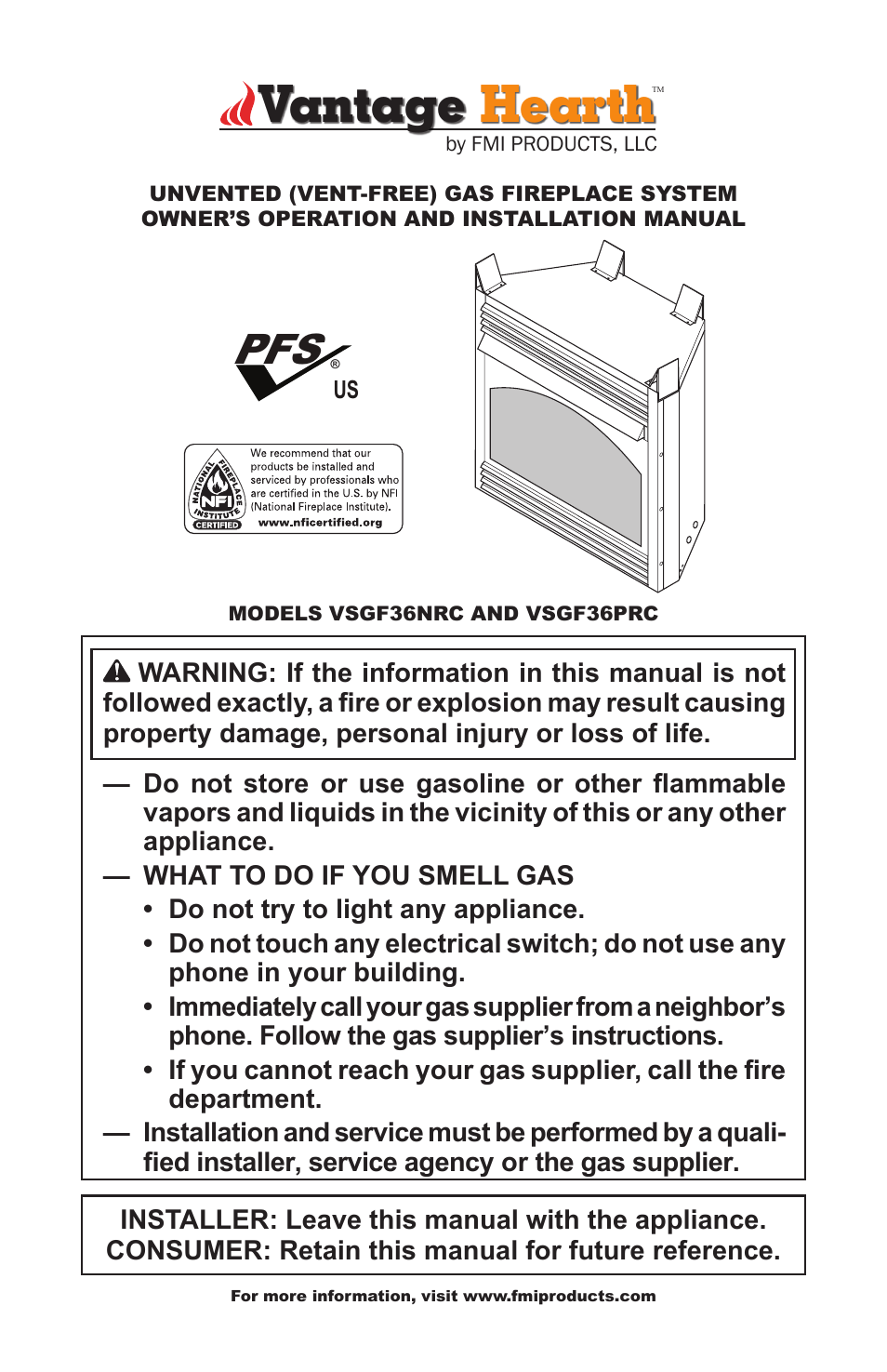 FMI VSGF36NRC User Manual | 36 pages