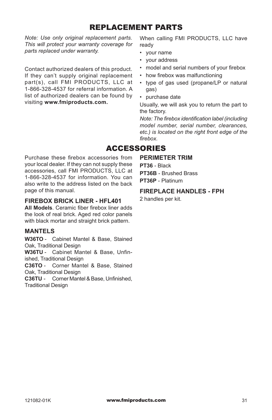 Replacement parts accessories | FMI VSGF36NRC User Manual | Page 31 / 36