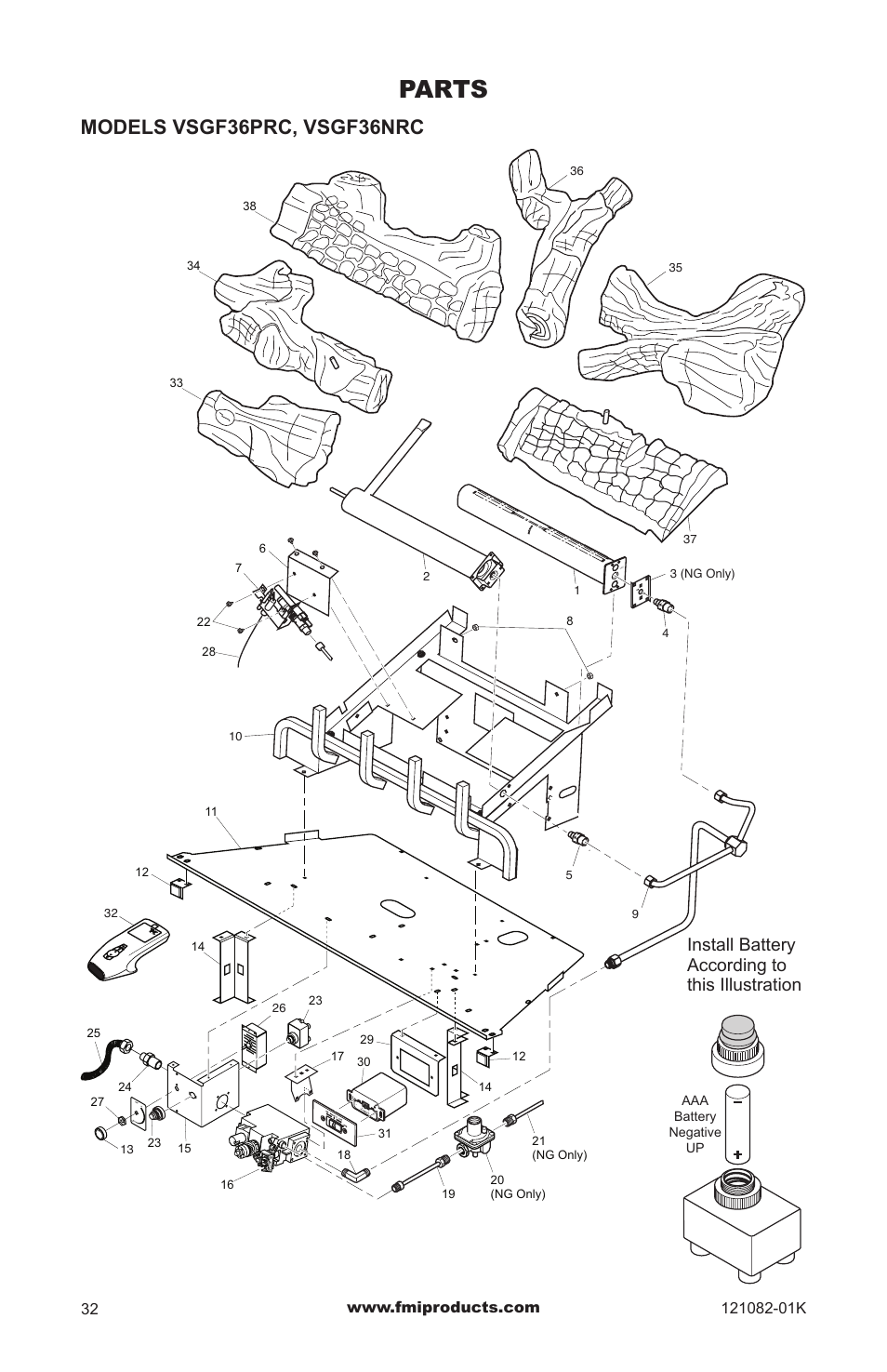 Parts, Models vsgf36prc, vsgf36nrc, Install battery according to this illustration | FMI VSGF36NRC User Manual | Page 32 / 36