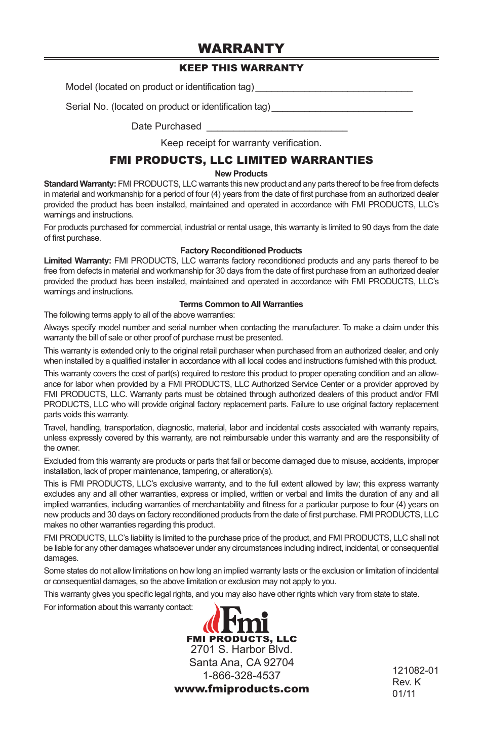 Warranty, Fmi products, llc limited warranties | FMI VSGF36NRC User Manual | Page 36 / 36