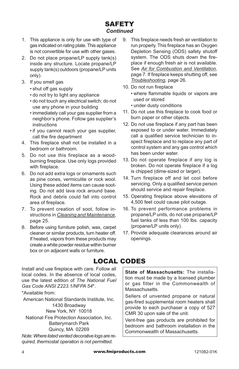Safety, Local codes | FMI VSGF36NRC User Manual | Page 4 / 36