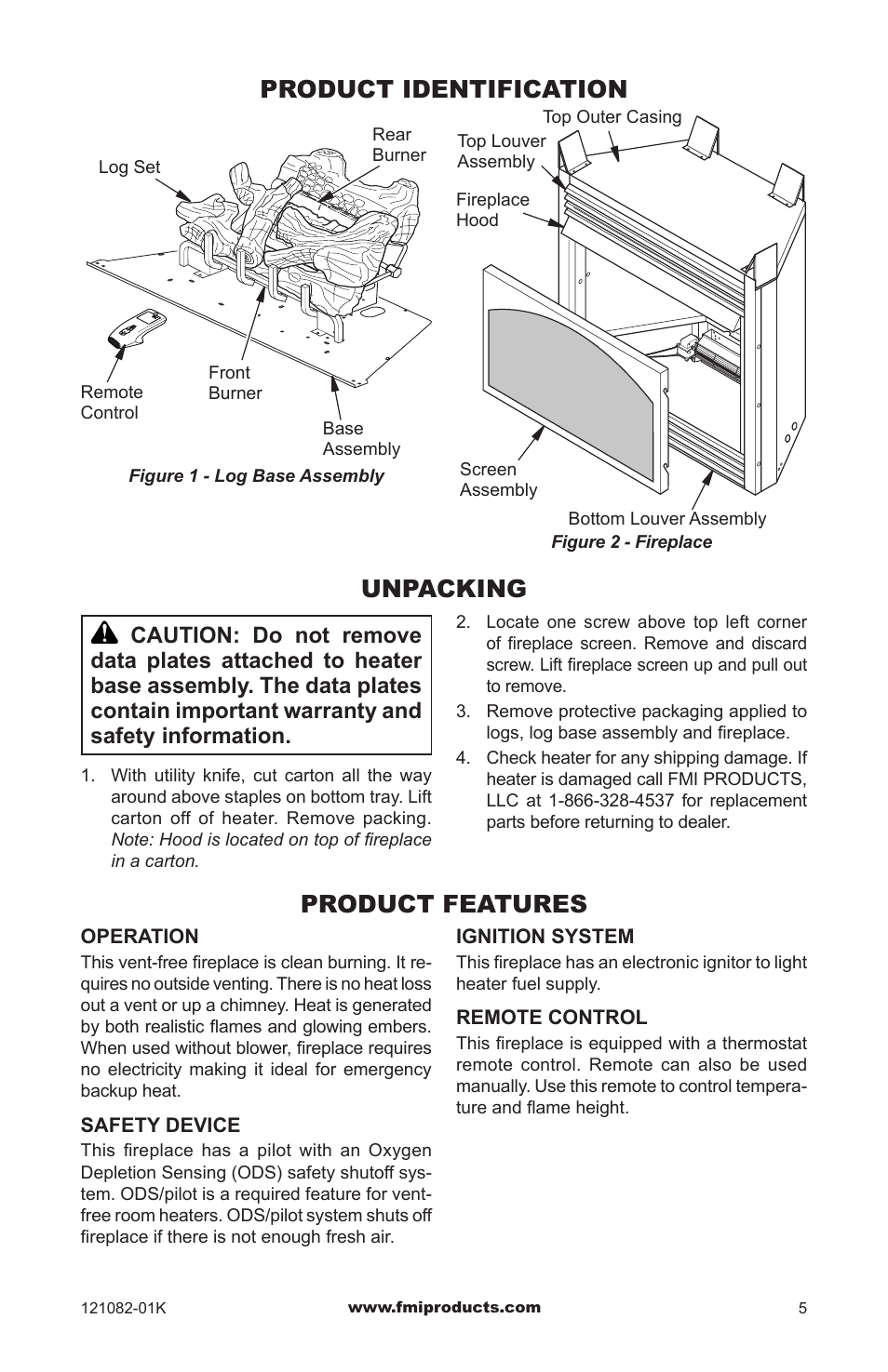 Product identification, Unpacking, Product features | FMI VSGF36NRC User Manual | Page 5 / 36