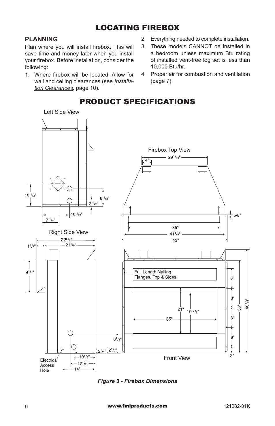 Locating firebox, Product specifications | FMI VSGF36NRC User Manual | Page 6 / 36