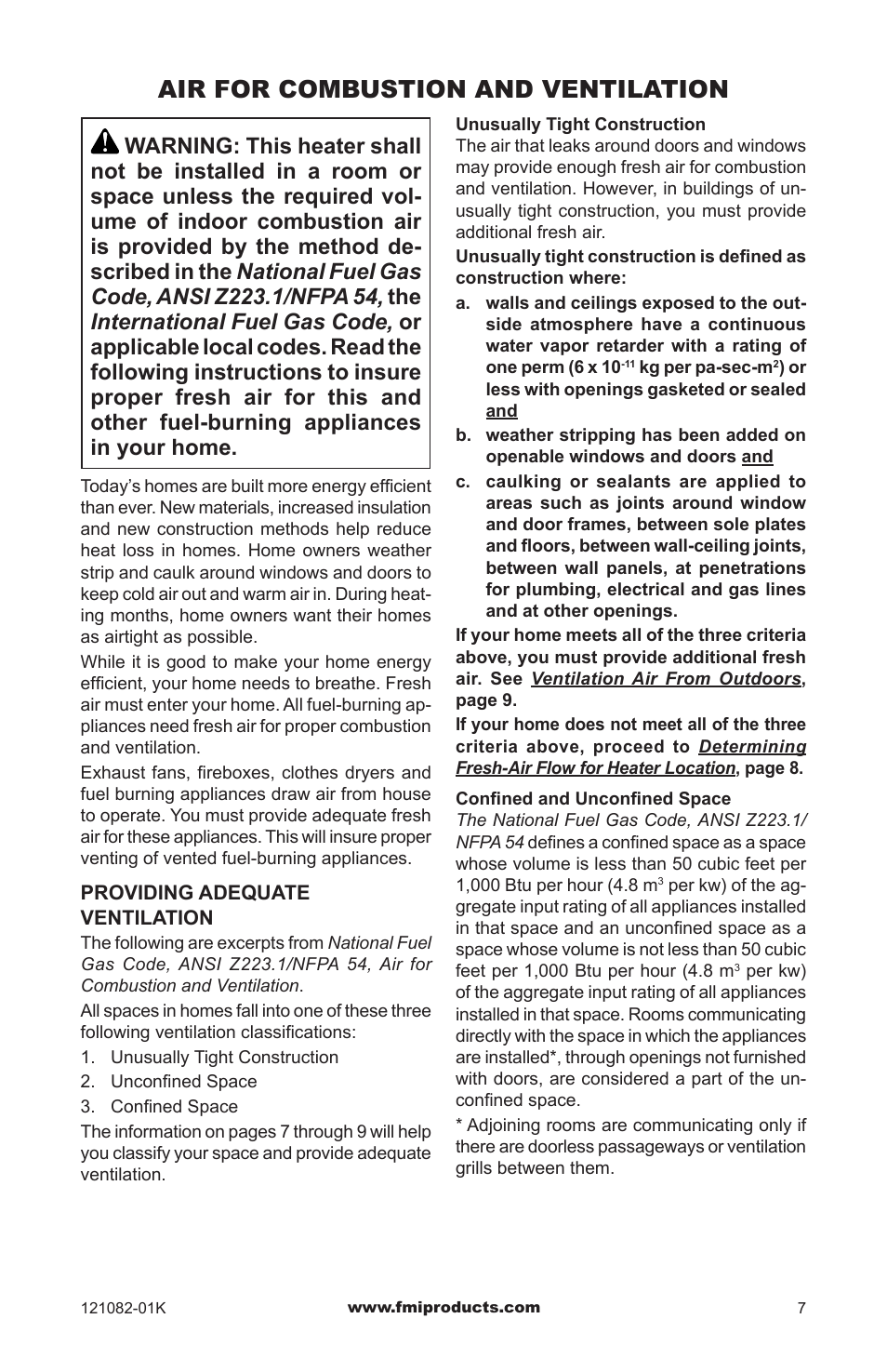 Air for combustion and ventilation | FMI VSGF36NRC User Manual | Page 7 / 36