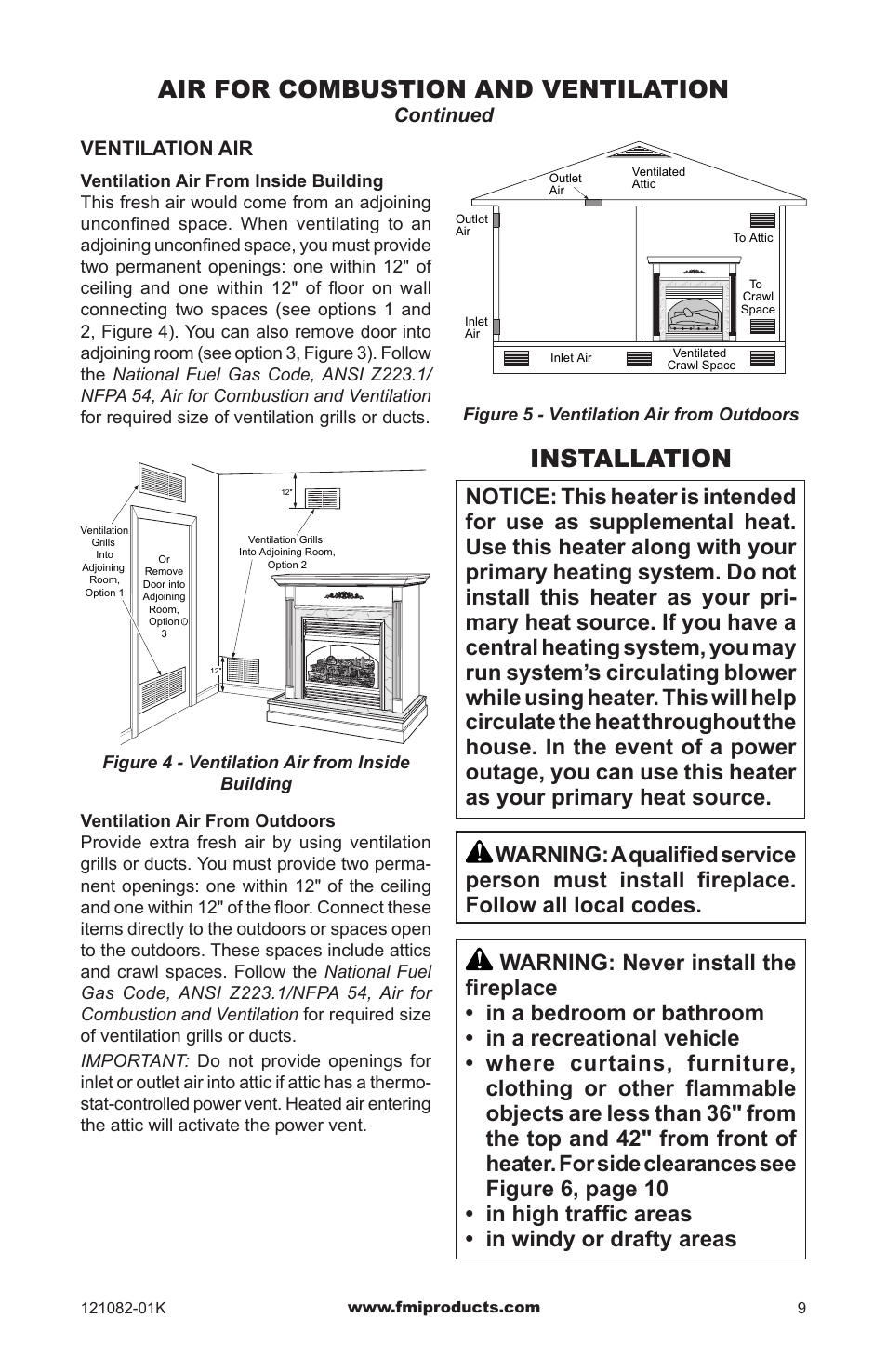 Air for combustion and ventilation, Installation | FMI VSGF36NRC User Manual | Page 9 / 36