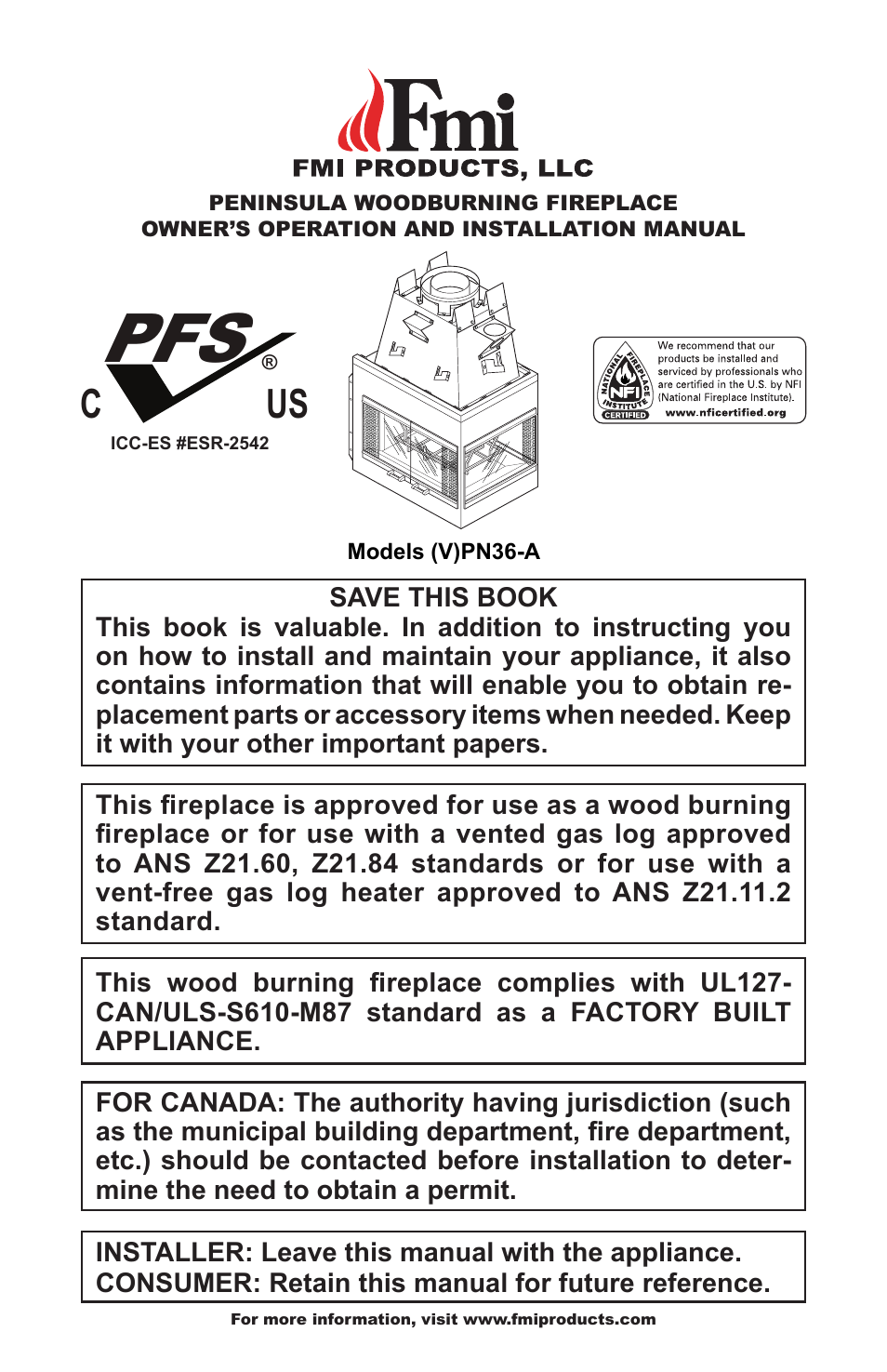 FMI PENINSULA WOODBURNING FIREPLACE (V)PN36-A User Manual | 16 pages