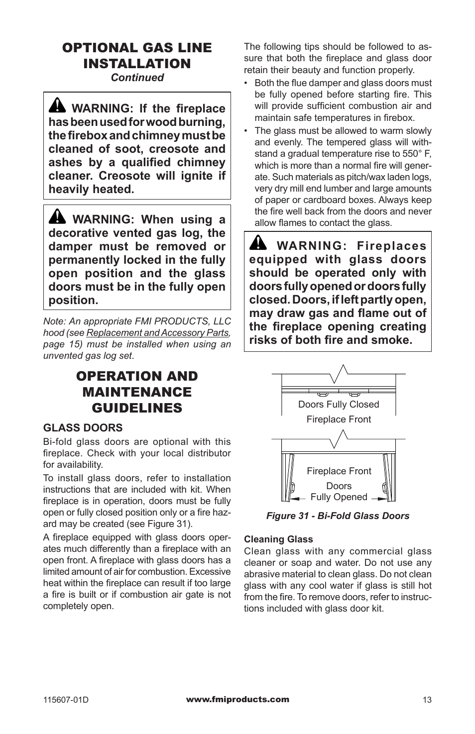 Operation and maintenance guidelines, Optional gas line installation | FMI PENINSULA WOODBURNING FIREPLACE (V)PN36-A User Manual | Page 13 / 16