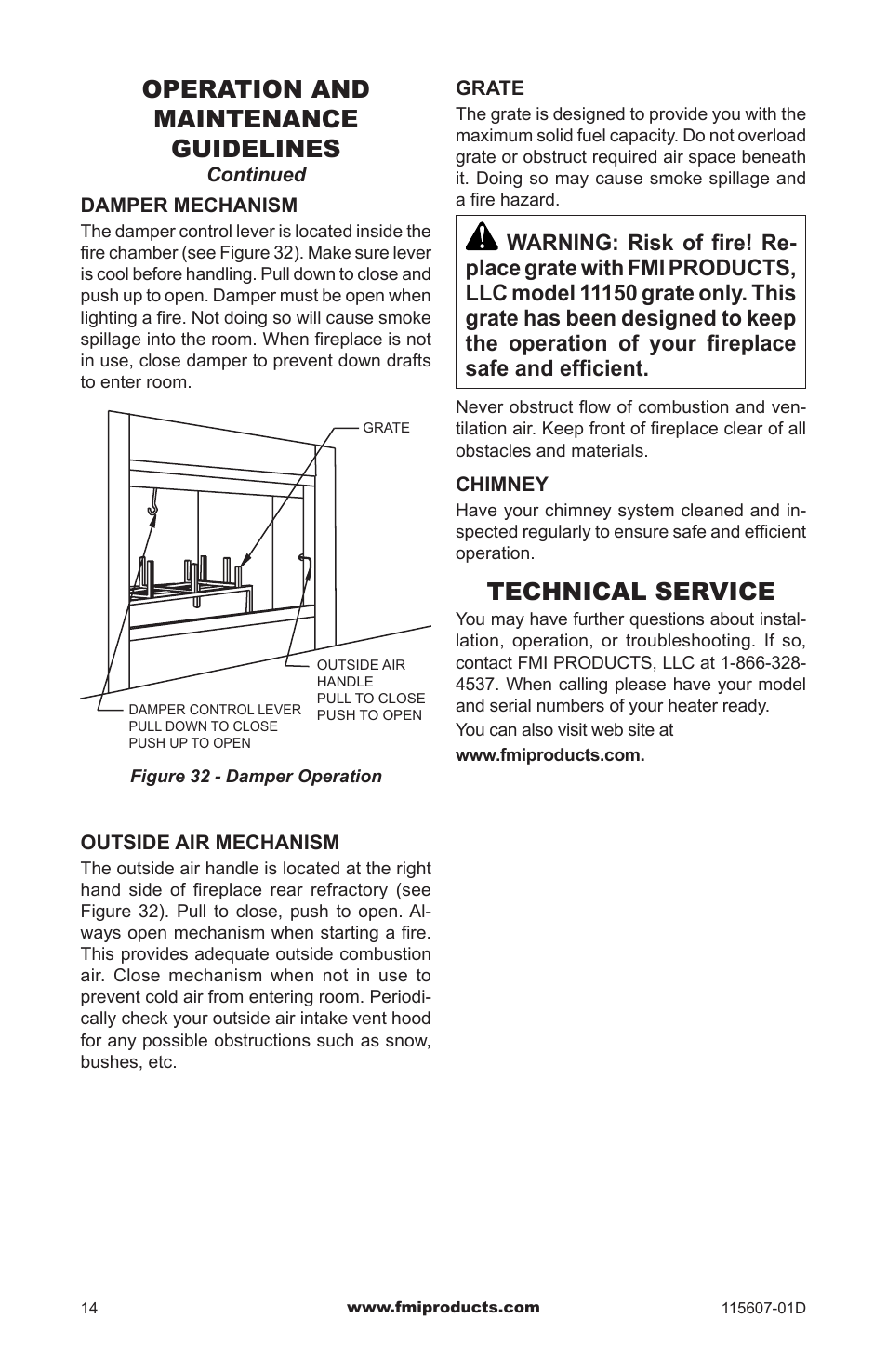 Operation and maintenance guidelines, Technical service | FMI PENINSULA WOODBURNING FIREPLACE (V)PN36-A User Manual | Page 14 / 16