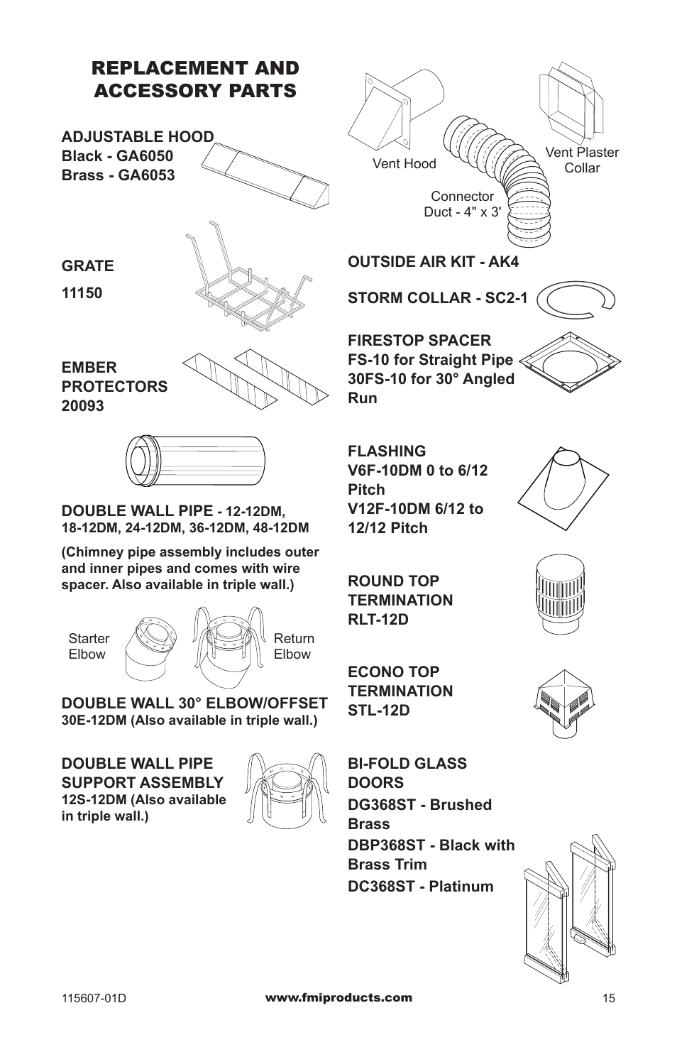 Replacement and accessory parts | FMI PENINSULA WOODBURNING FIREPLACE (V)PN36-A User Manual | Page 15 / 16