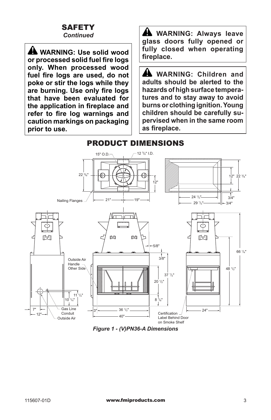 Product dimensions safety, Continued, Figure 1 - (v)pn36-a dimensions | FMI PENINSULA WOODBURNING FIREPLACE (V)PN36-A User Manual | Page 3 / 16