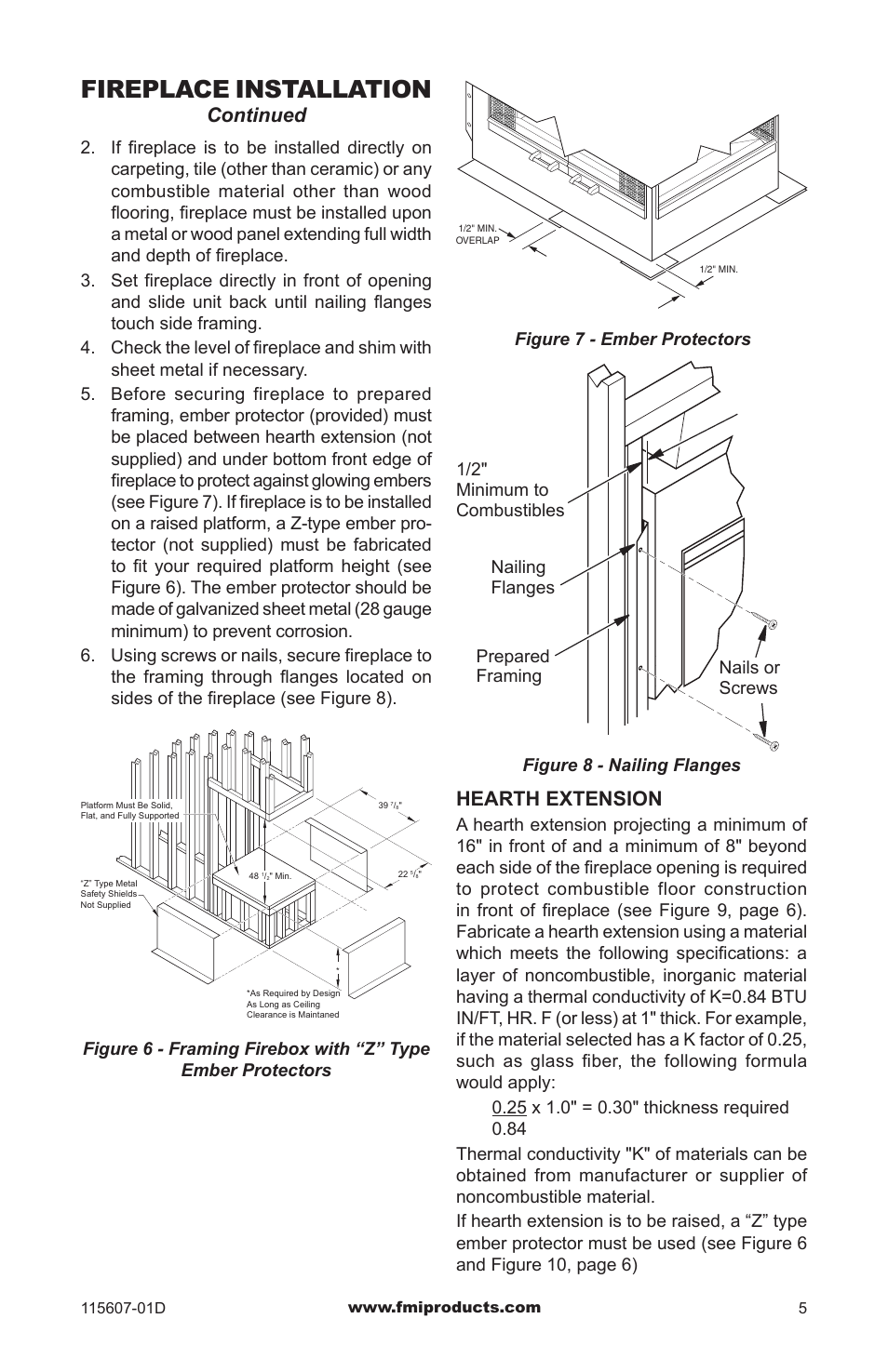 Fireplace installation, Continued, Hearth extension | FMI PENINSULA WOODBURNING FIREPLACE (V)PN36-A User Manual | Page 5 / 16