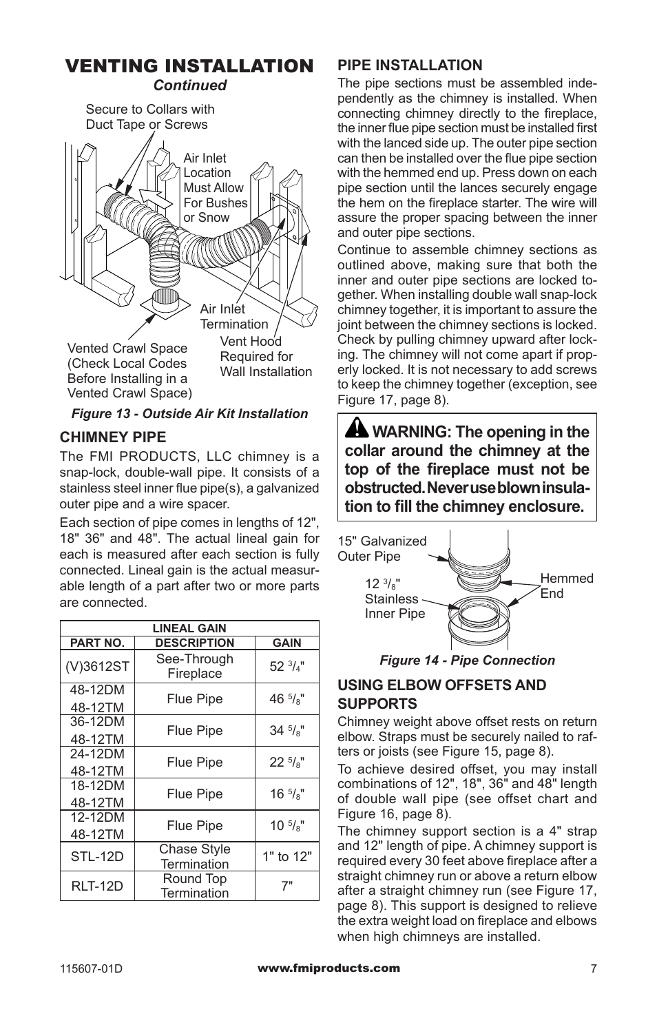 Venting installation | FMI PENINSULA WOODBURNING FIREPLACE (V)PN36-A User Manual | Page 7 / 16