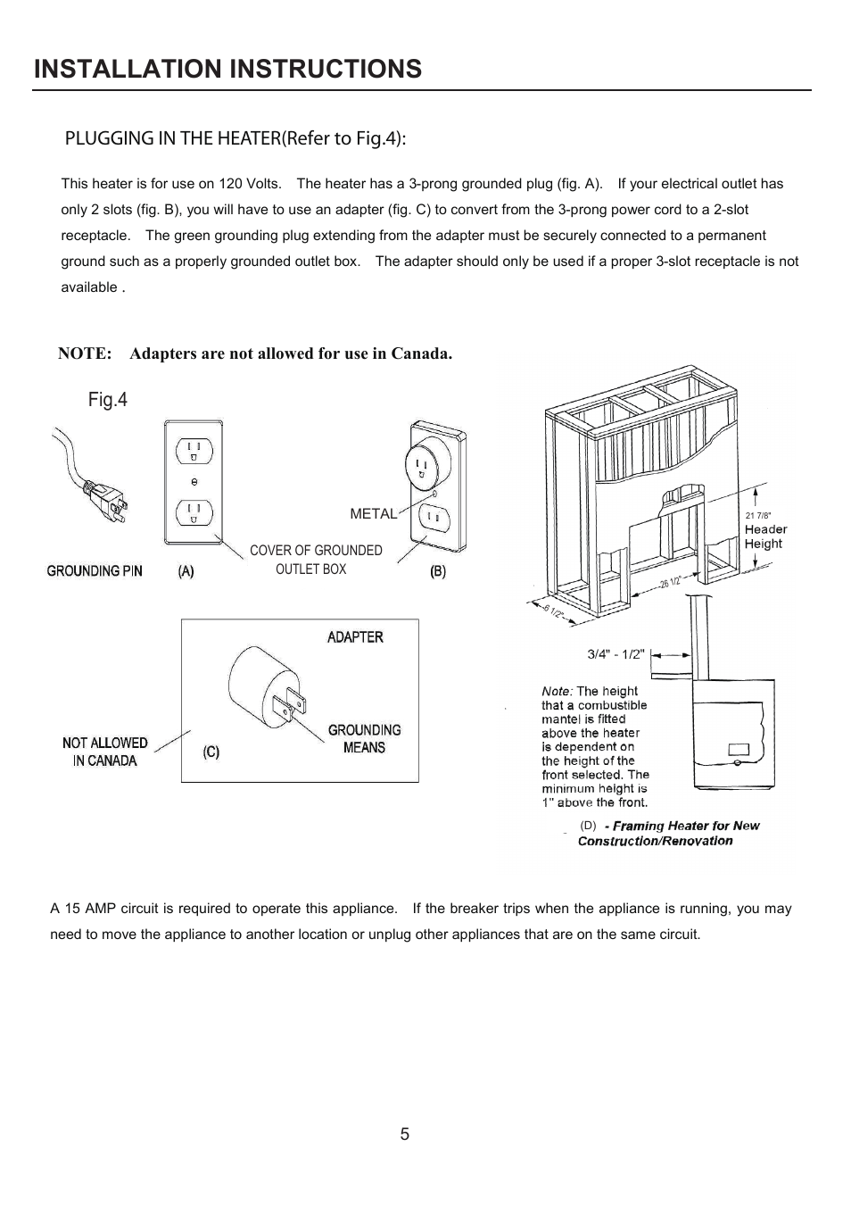 F2609e .pdf, Installation instructions, Plugging in the heater(refer to fig.4) | Fig.4 | FMI FEF26 User Manual | Page 5 / 9