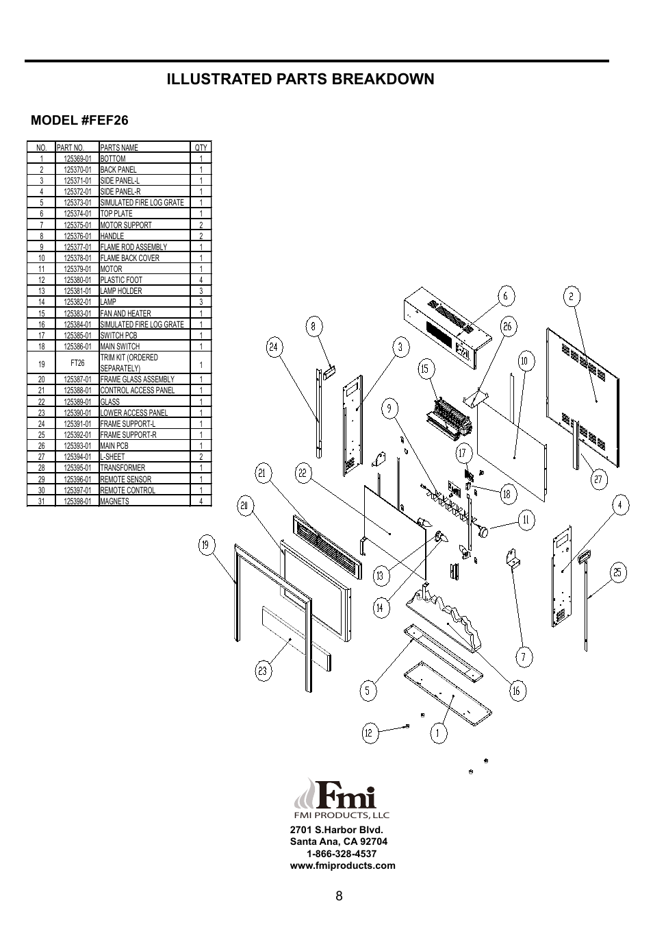 F2609e .pdf, Illustrated parts breakdown, Model #fef26 | FMI FEF26 User Manual | Page 8 / 9
