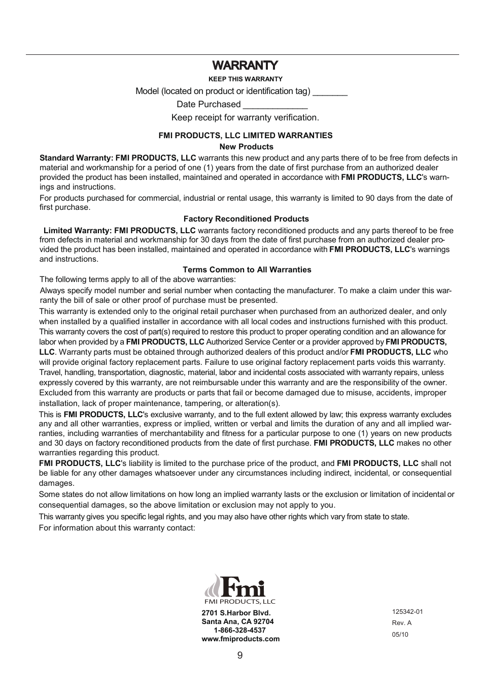 F2609e .pdf, Warranty | FMI FEF26 User Manual | Page 9 / 9