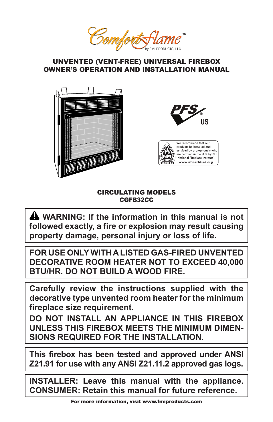 FMI COMFORTFLAME CGFB32CC User Manual | 20 pages