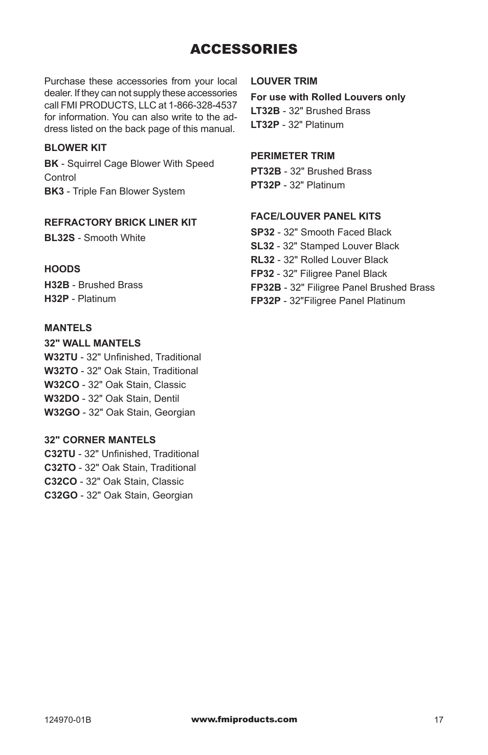 Replacement parts, Technical service, Accessories | FMI COMFORTFLAME CGFB32CC User Manual | Page 17 / 20