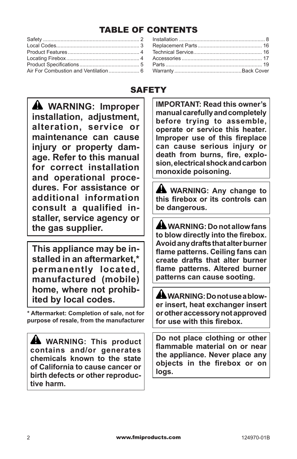 Safety | FMI COMFORTFLAME CGFB32CC User Manual | Page 2 / 20