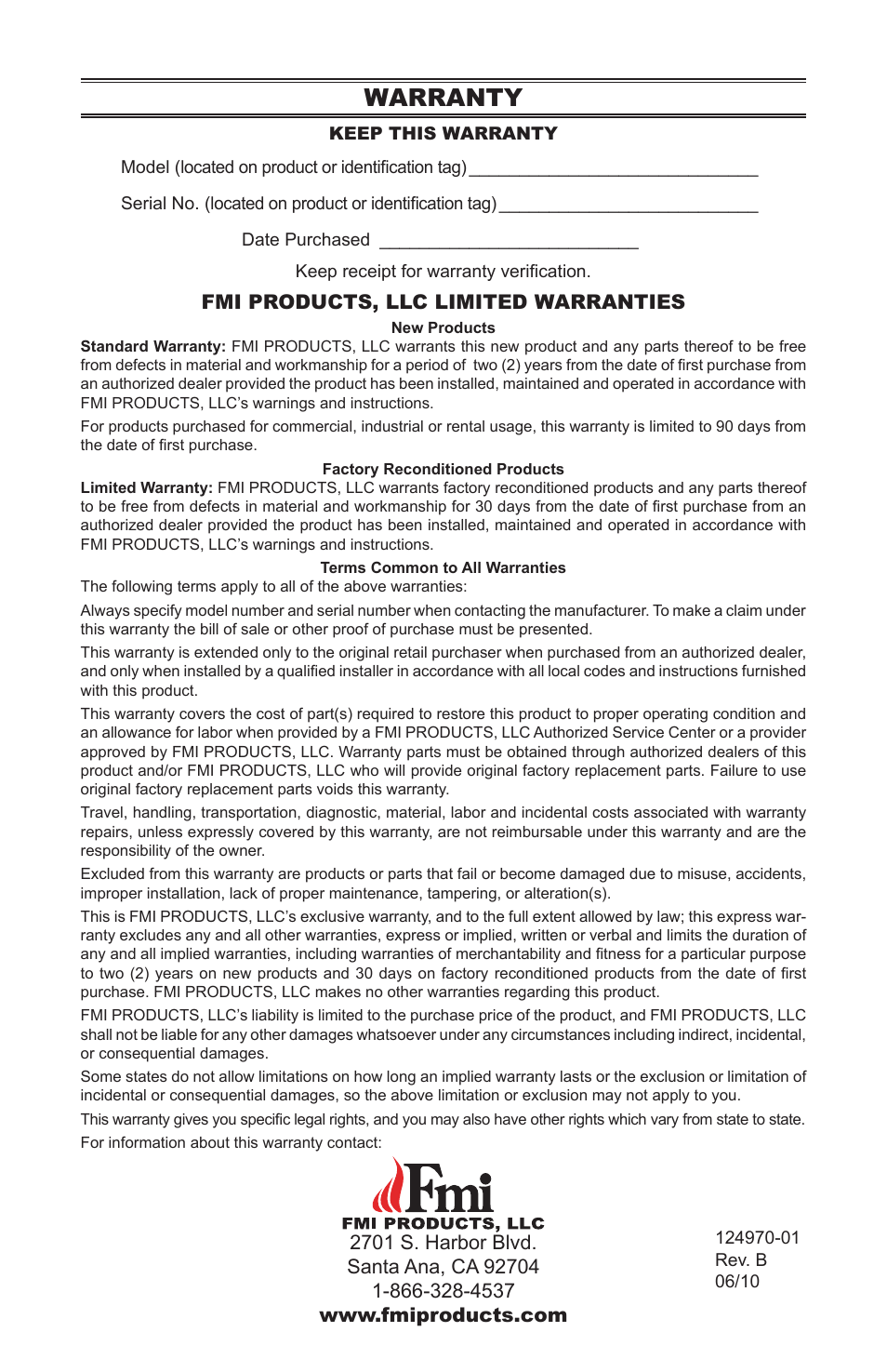 Warranty | FMI COMFORTFLAME CGFB32CC User Manual | Page 20 / 20