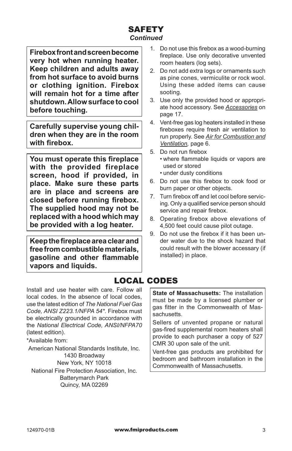 Local codes, Safety | FMI COMFORTFLAME CGFB32CC User Manual | Page 3 / 20