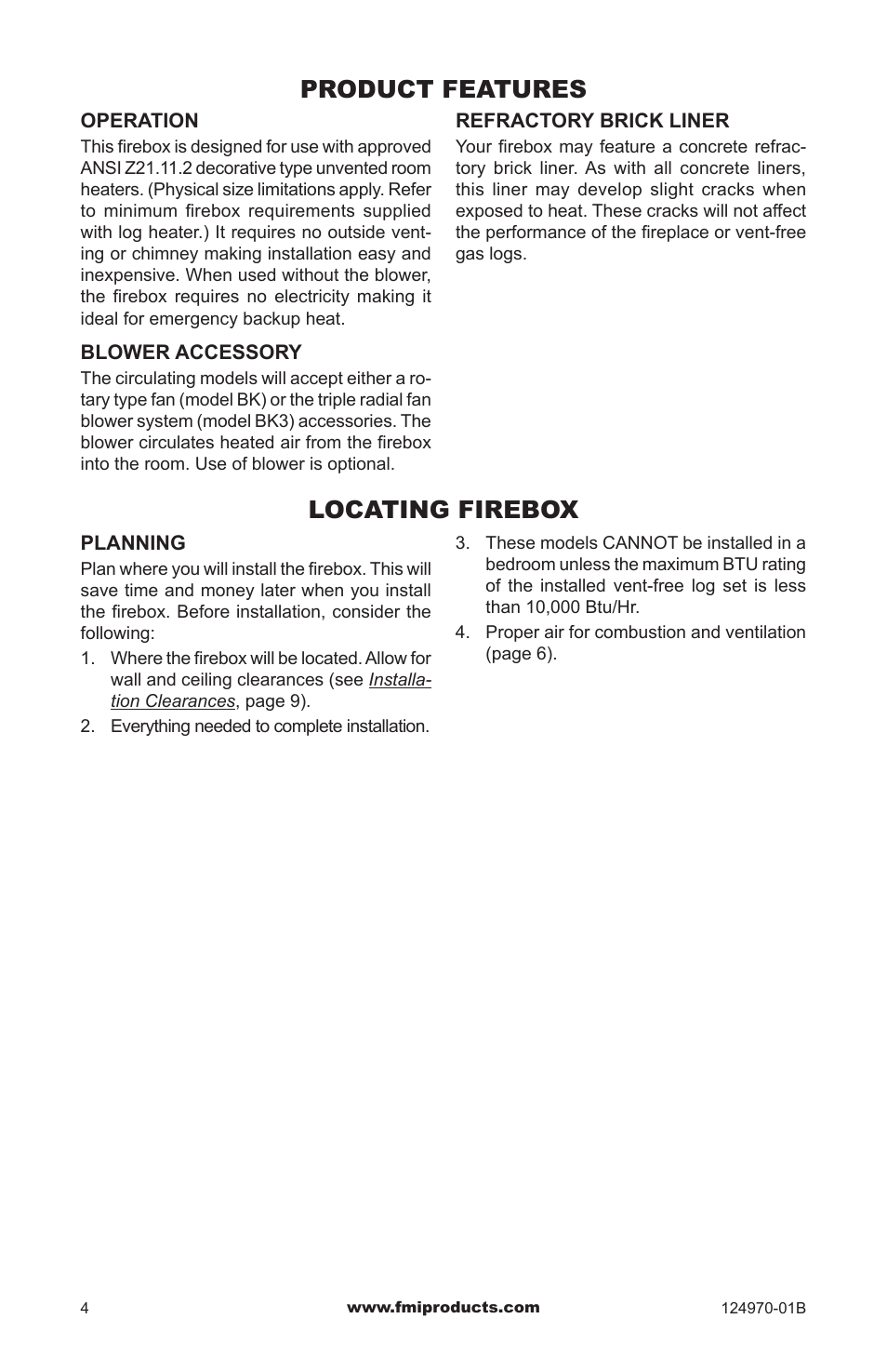 Product features, Locating firebox | FMI COMFORTFLAME CGFB32CC User Manual | Page 4 / 20