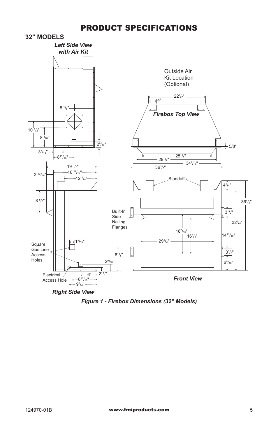Product specifications, 32" models, Front view | FMI COMFORTFLAME CGFB32CC User Manual | Page 5 / 20