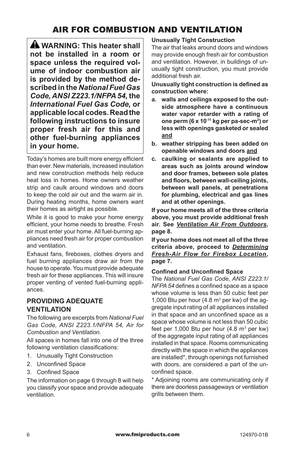 Air for combustion and ventilation | FMI COMFORTFLAME CGFB32CC User Manual | Page 6 / 20