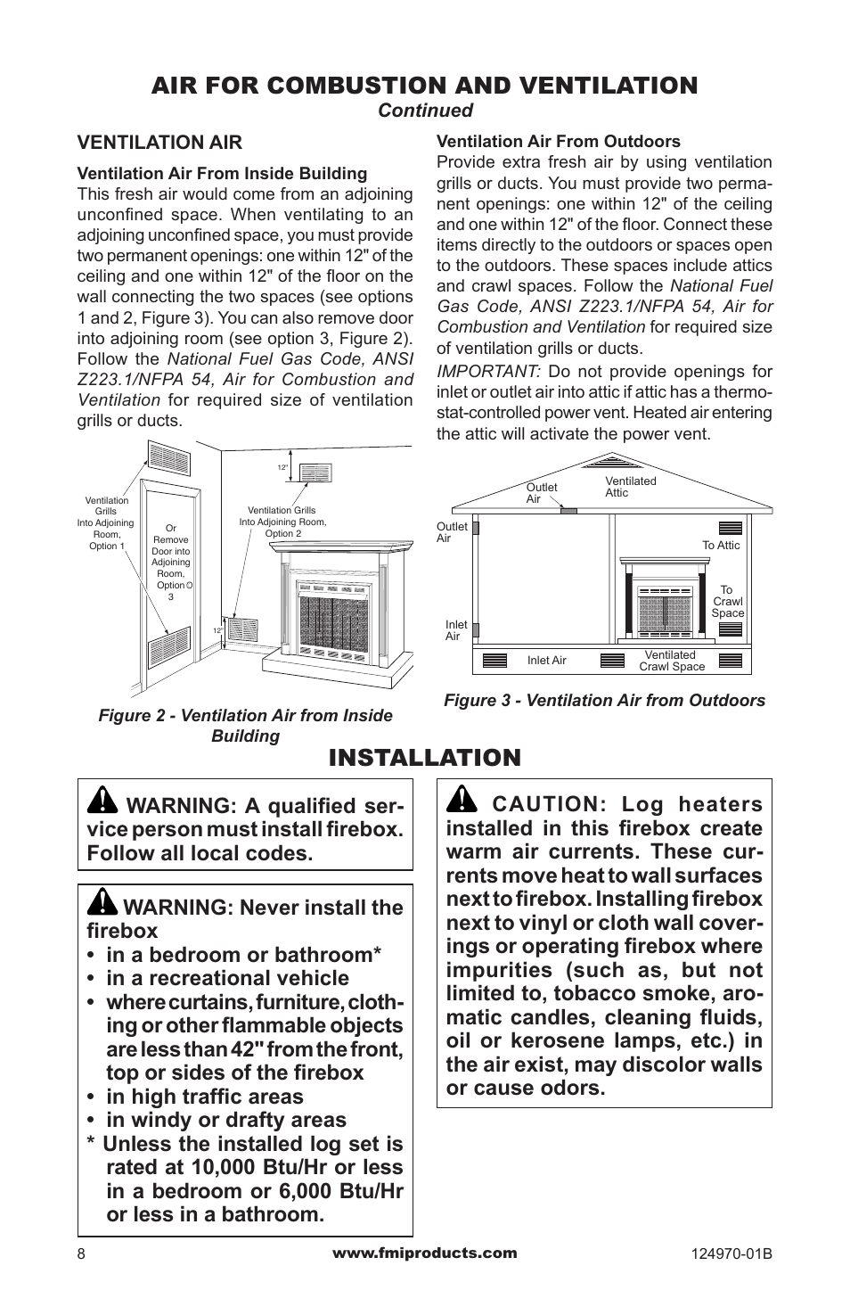 Installation, Air for combustion and ventilation | FMI COMFORTFLAME CGFB32CC User Manual | Page 8 / 20