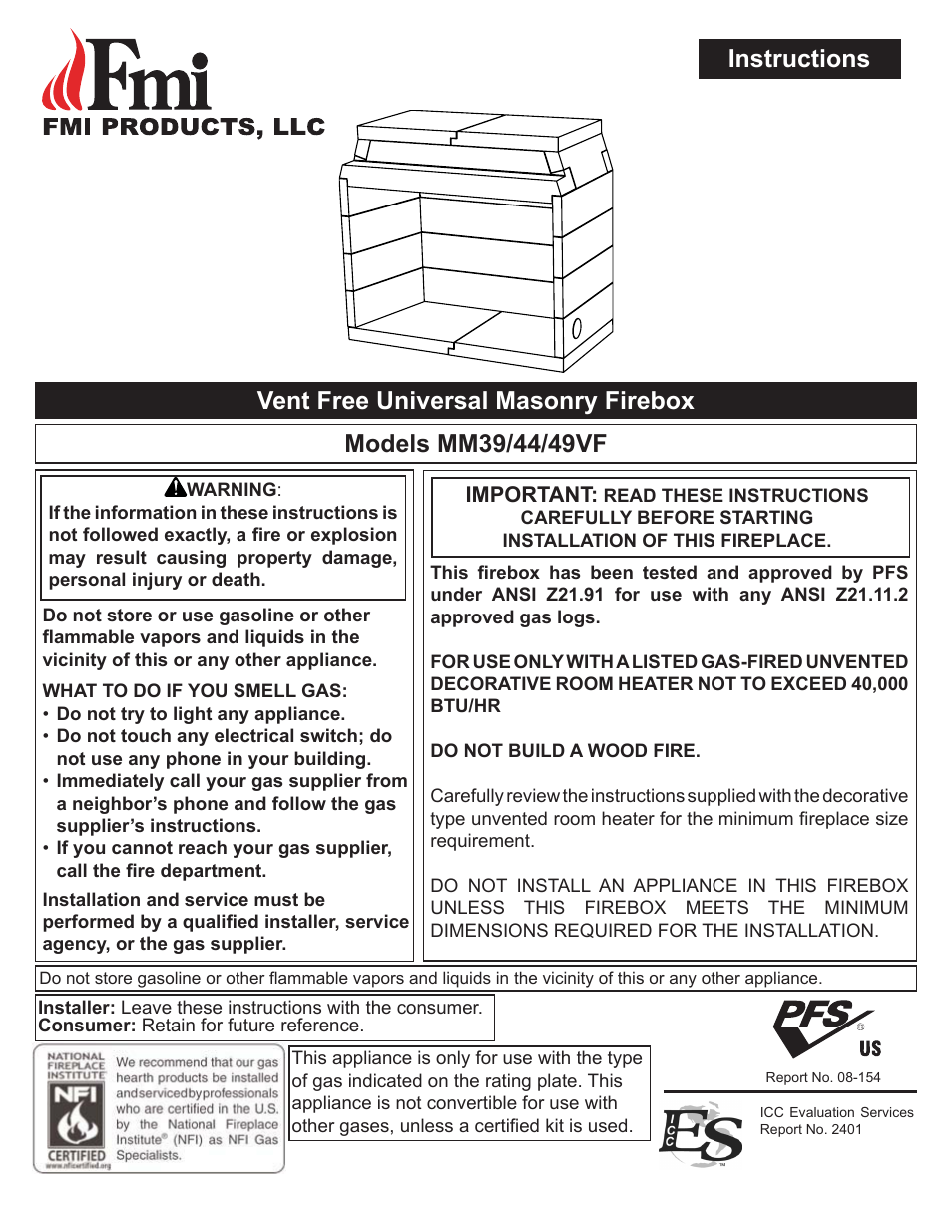 FMI VENT FREE UNIVERSAL MASONRY FIREBOX MM39/44/49VF User Manual | 20 pages