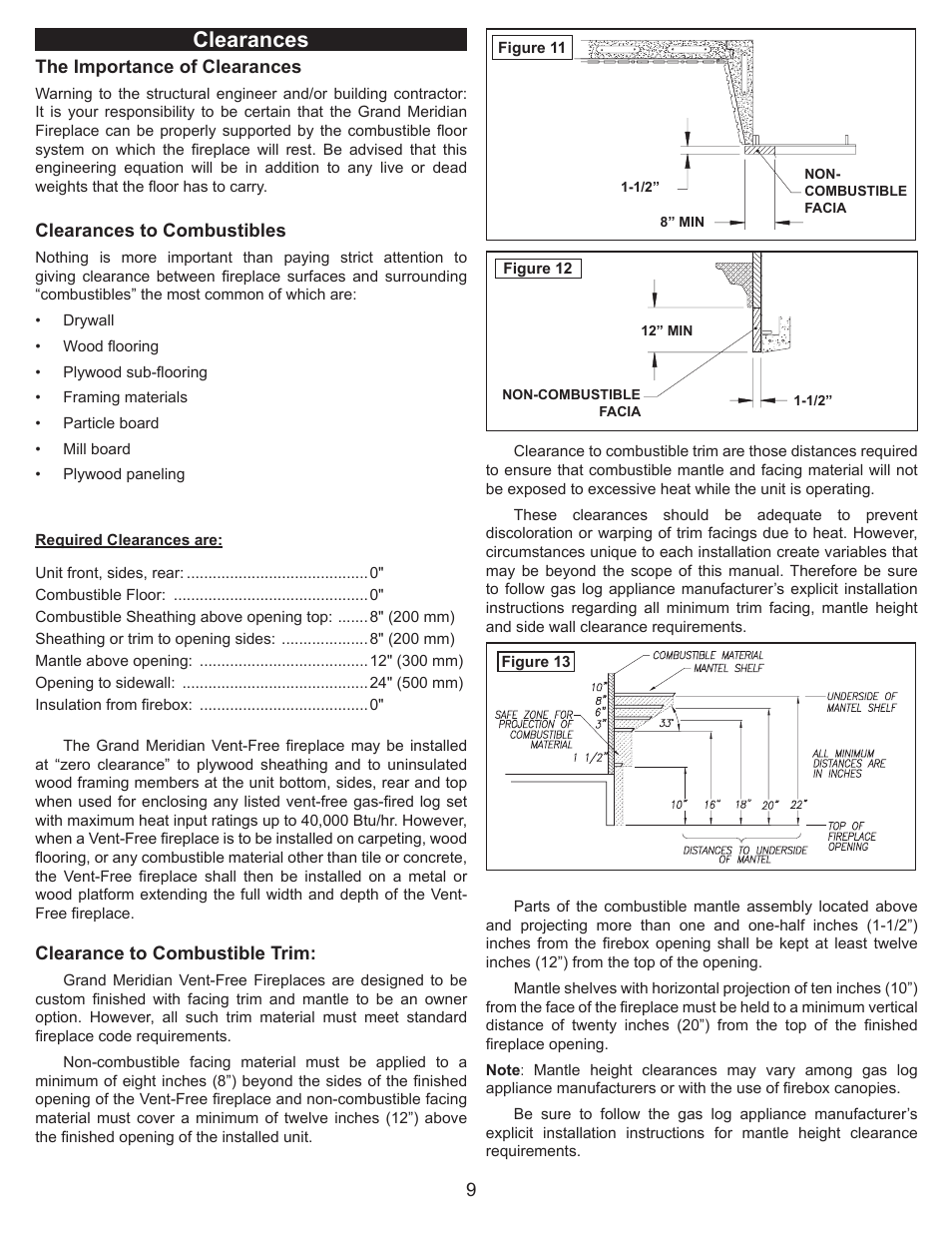 Clearances | FMI VENT FREE UNIVERSAL MASONRY FIREBOX MM39/44/49VF User Manual | Page 10 / 20