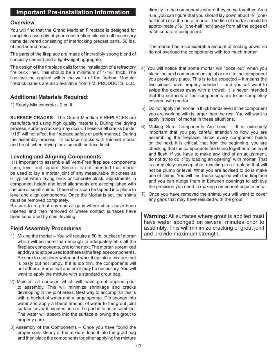 Important pre-installation information | FMI VENT FREE UNIVERSAL MASONRY FIREBOX MM39/44/49VF User Manual | Page 13 / 20