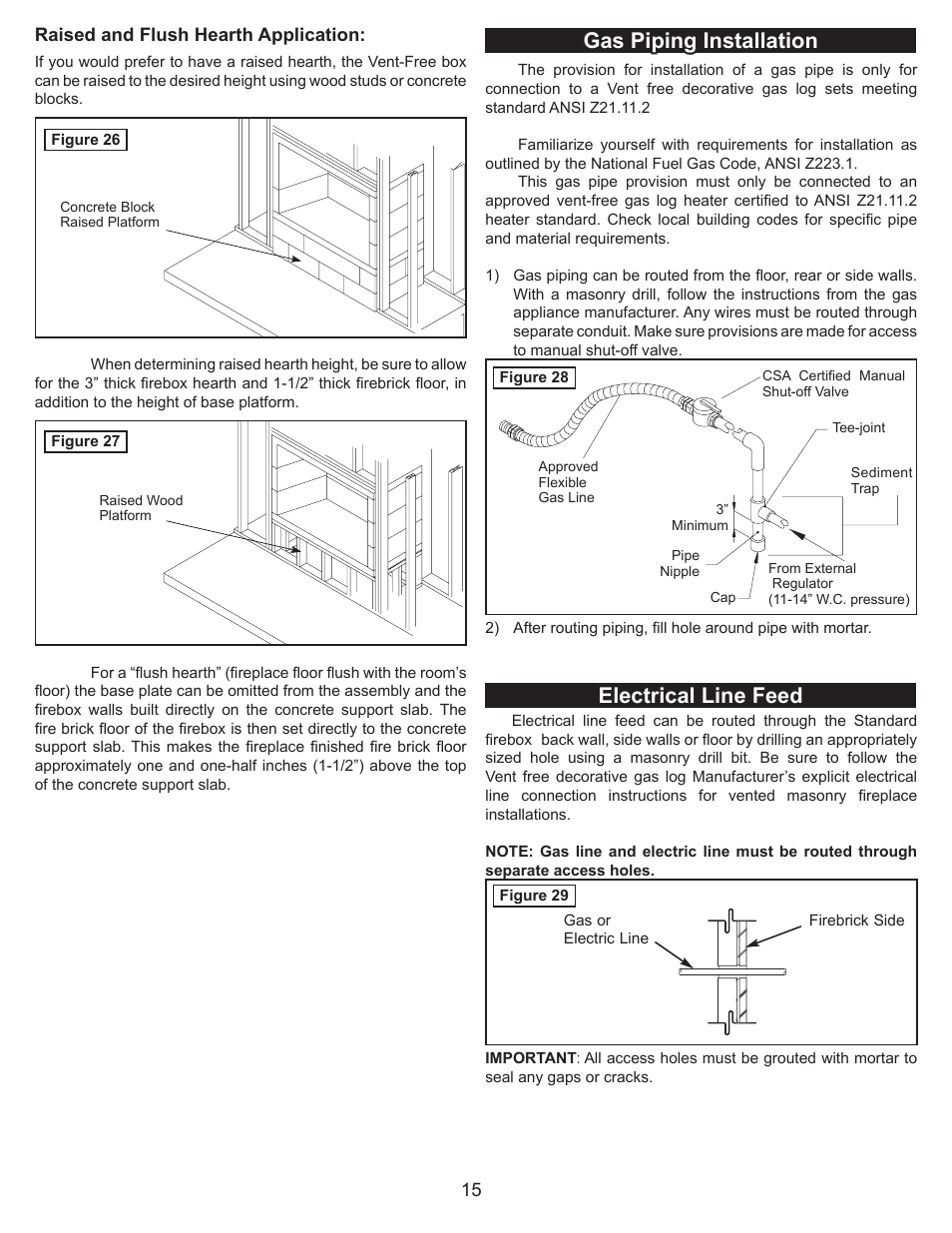 Gas piping installation, Electrical line feed | FMI VENT FREE UNIVERSAL MASONRY FIREBOX MM39/44/49VF User Manual | Page 16 / 20