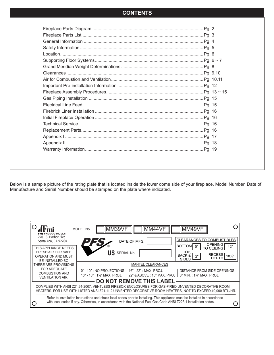 Do not remove this label | FMI VENT FREE UNIVERSAL MASONRY FIREBOX MM39/44/49VF User Manual | Page 2 / 20