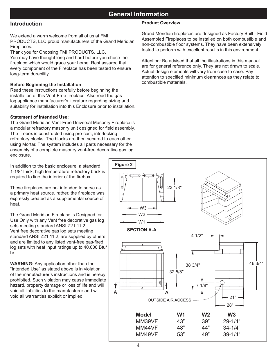 General information | FMI VENT FREE UNIVERSAL MASONRY FIREBOX MM39/44/49VF User Manual | Page 5 / 20