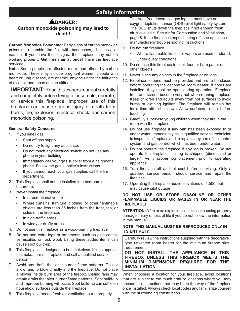 Safety information, Important | FMI VENT FREE UNIVERSAL MASONRY FIREBOX MM39/44/49VF User Manual | Page 6 / 20