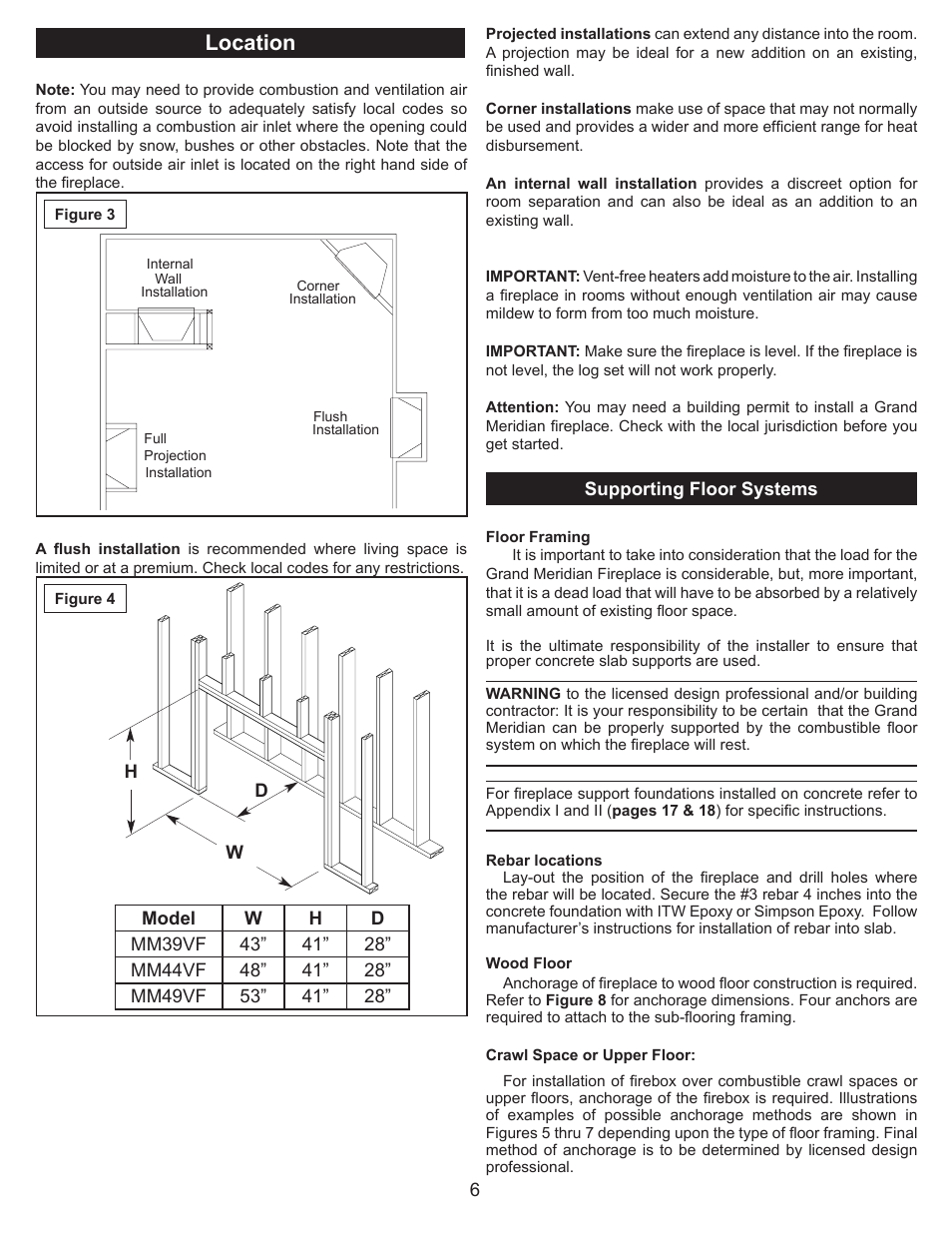 Location | FMI VENT FREE UNIVERSAL MASONRY FIREBOX MM39/44/49VF User Manual | Page 7 / 20