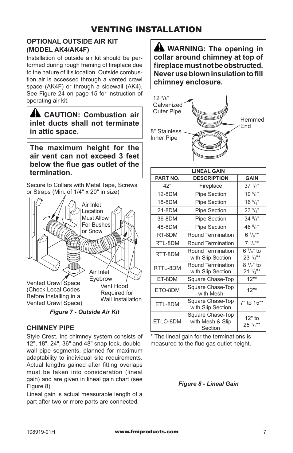 Venting installation, Optional outside air kit (model ak4/ak4f), Chimney pipe | FMI C42MW User Manual | Page 7 / 20
