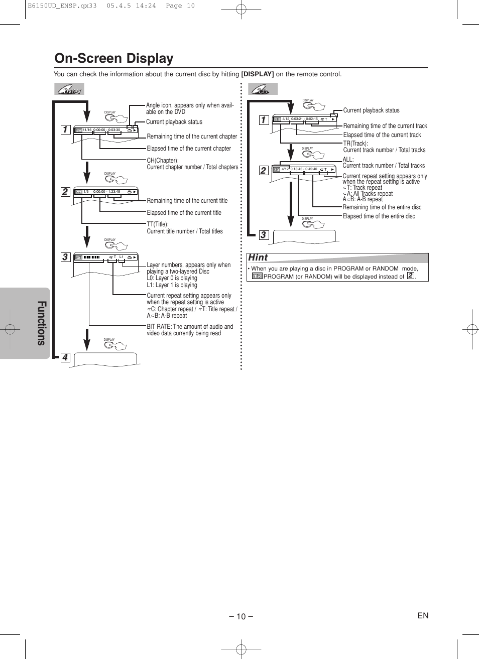 On-screen display, Functions | FUNAI MSD125 User Manual | Page 10 / 20