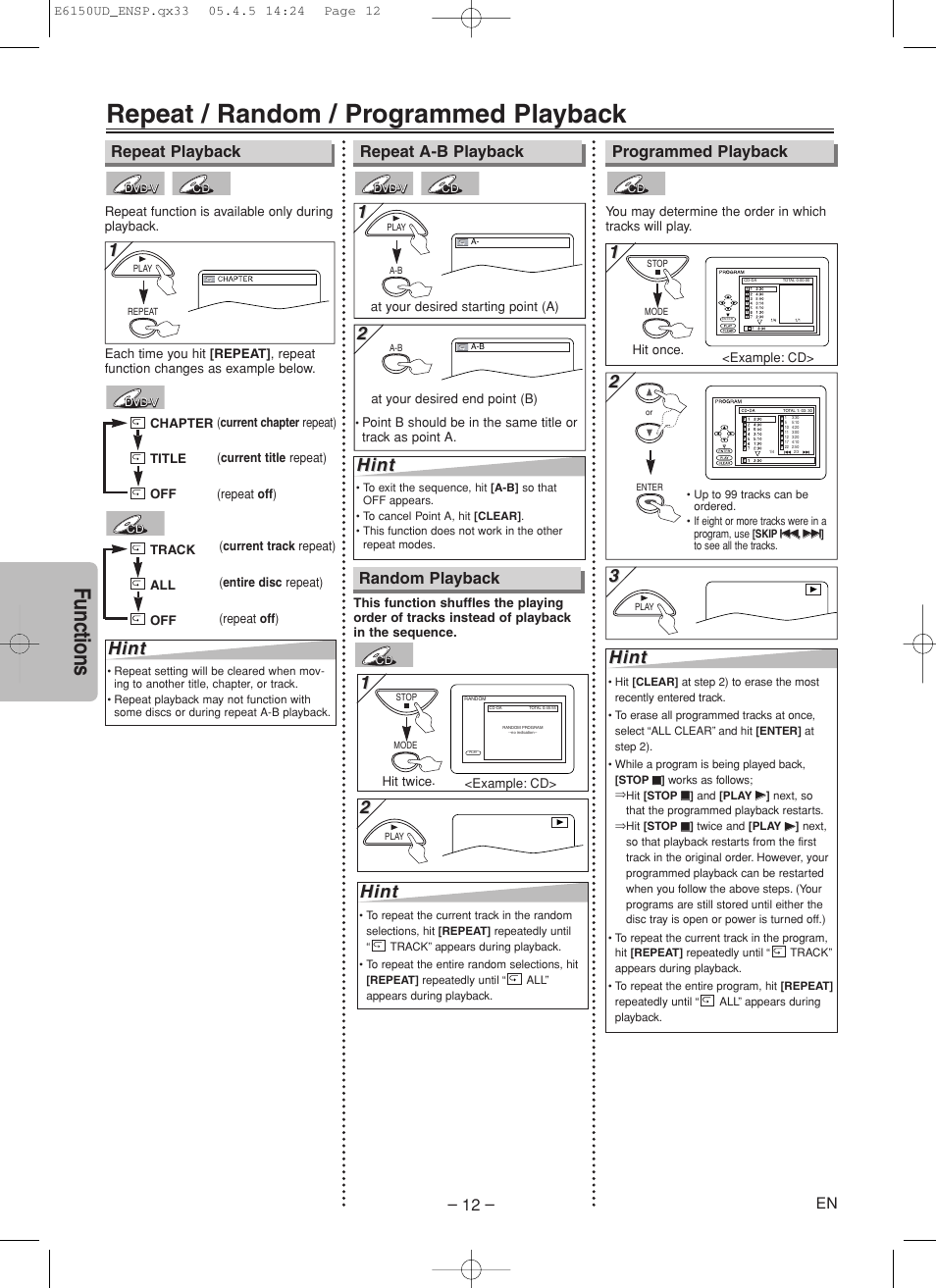 Repeat / random / programmed playback, Functions, Hint | Random playback | FUNAI MSD125 User Manual | Page 12 / 20