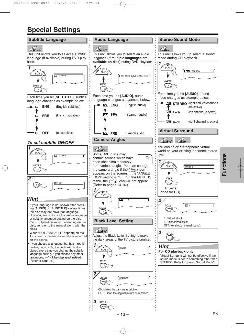 Special settings, Functions, Hint | FUNAI MSD125 User Manual | Page 13 / 20