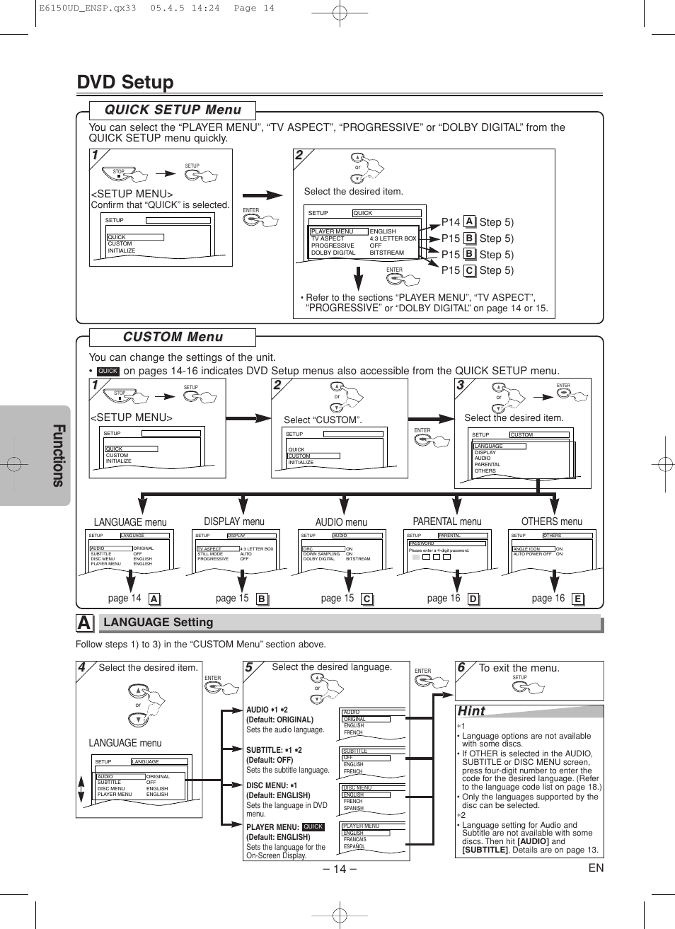 Dvd setup, Functions, Cust | Cust om men om men u u, Hint, Quick setup men uick setup men u u, Language setting | FUNAI MSD125 User Manual | Page 14 / 20