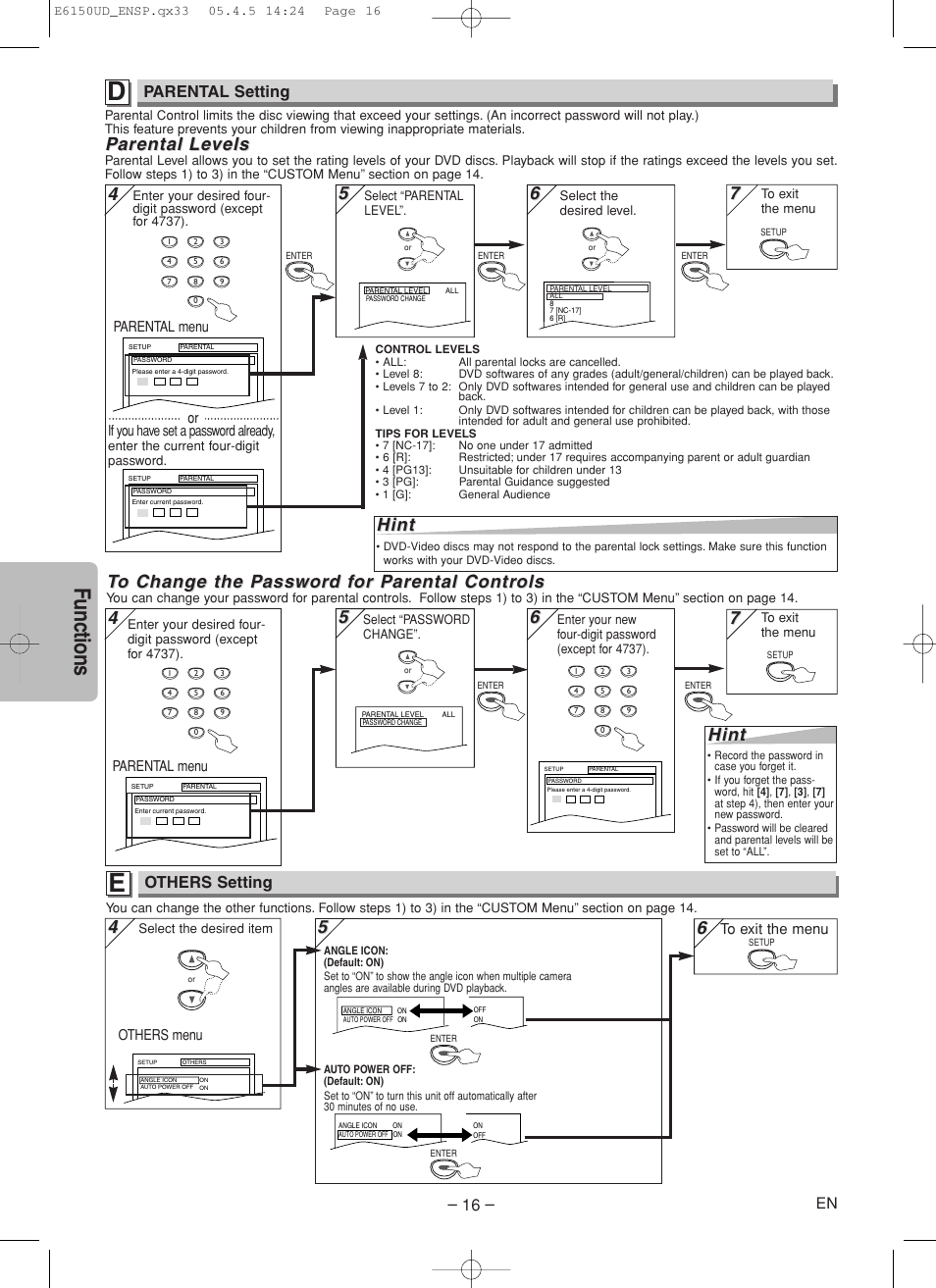 Functions, Parental arental le le vels vels, Hint | Parental setting, Others setting | FUNAI MSD125 User Manual | Page 16 / 20