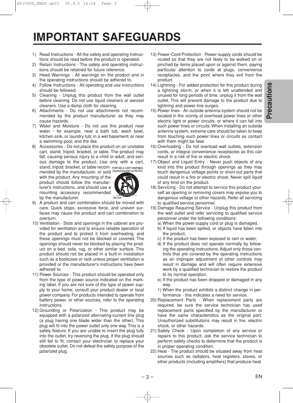 Important safeguards, Precautions | FUNAI MSD125 User Manual | Page 3 / 20