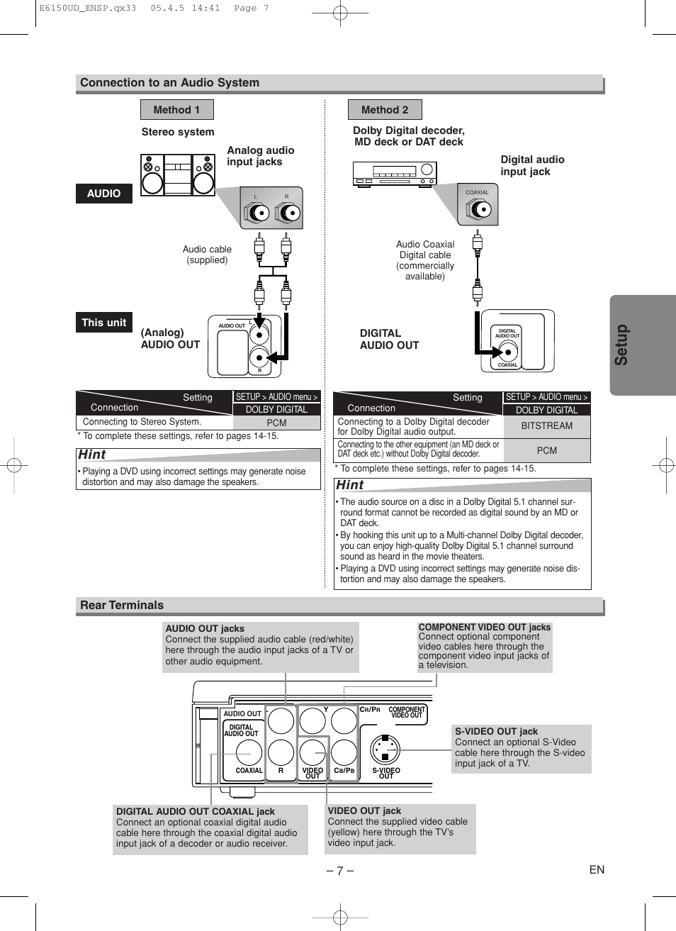 Setup, Hint, Rear terminals connection to an audio system | FUNAI MSD125 User Manual | Page 7 / 20