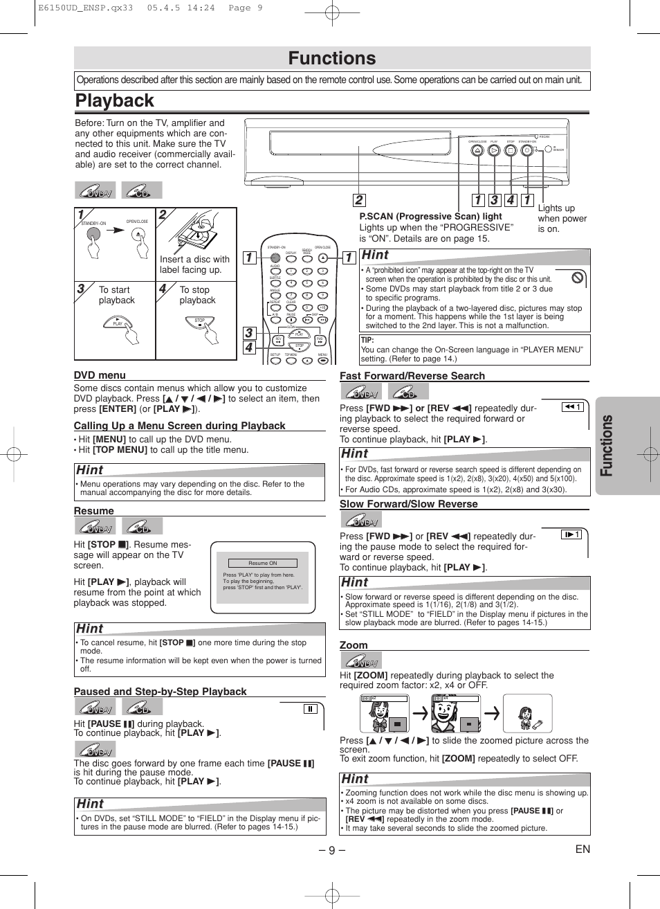 Playback, Functions, Hint | FUNAI MSD125 User Manual | Page 9 / 20