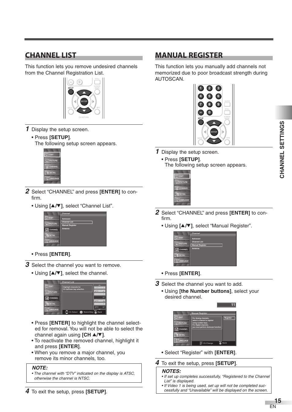 Channel list, Manual register, Channel settings | FUNAI CIWP4206 A User Manual | Page 15 / 40