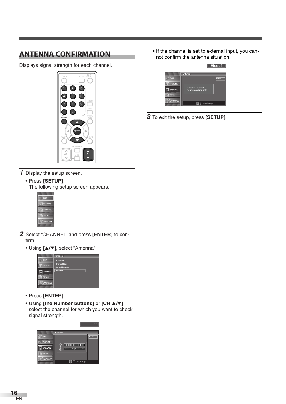 Antenna confirmation, Displays signal strength for each channel | FUNAI CIWP4206 A User Manual | Page 16 / 40